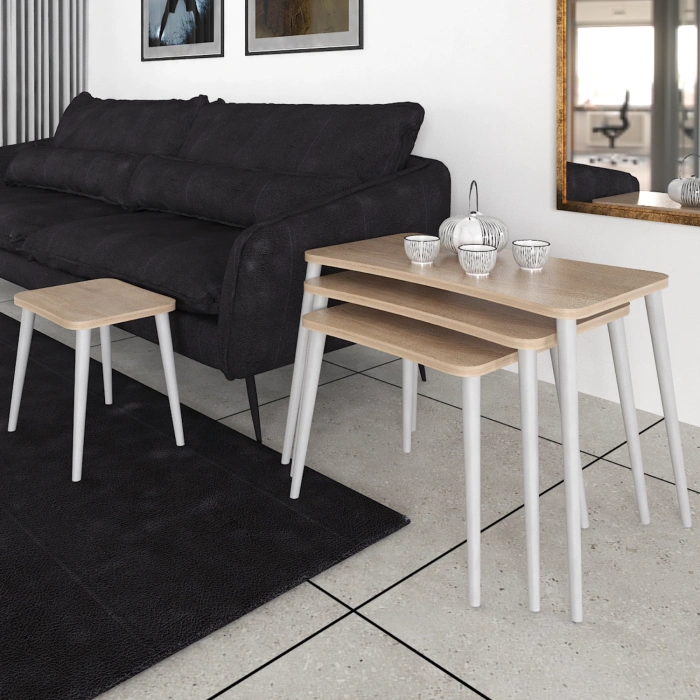 Alanur 5li Orta Sehpa ve Zigon Sehpa Ahşap Ayaklı Çay Kahve Sehpası XL Salon Seti Sonomo