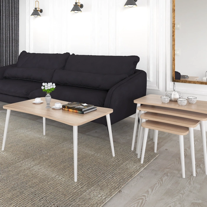 Alanur 5li Orta Sehpa ve Zigon Sehpa Ahşap Ayaklı Çay Kahve Sehpası XL Salon Seti Sonomo