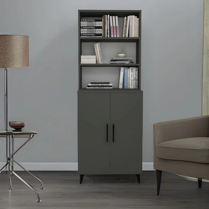 Alara 2 Kapaklı 6 Raflı Kitaplık Salon Ofis Ders Çalışma Çocuk Odası Çok Amaçlı Dolap Antrasit