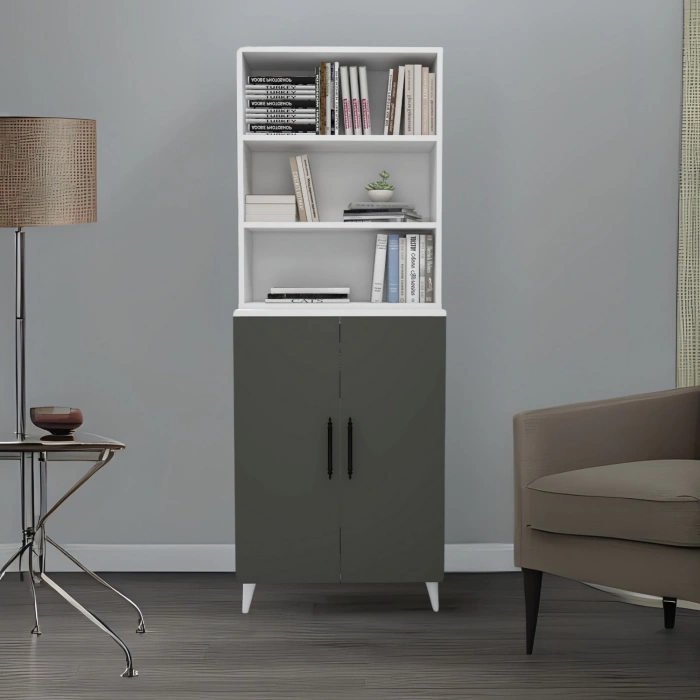 Alara 2 Kapaklı 6 Raflı Kitaplık Salon Ofis Ders Çalışma Çocuk Odası Çok Amaçlı Dolap Beyaz-Antrasit