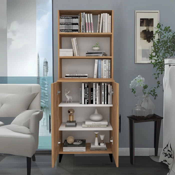 Alara 2 Kapaklı 6 Raflı Kitaplık Salon Ofis Ders Çalışma Çocuk Odası Çok Amaçlı Dolap Beyaz-Çam