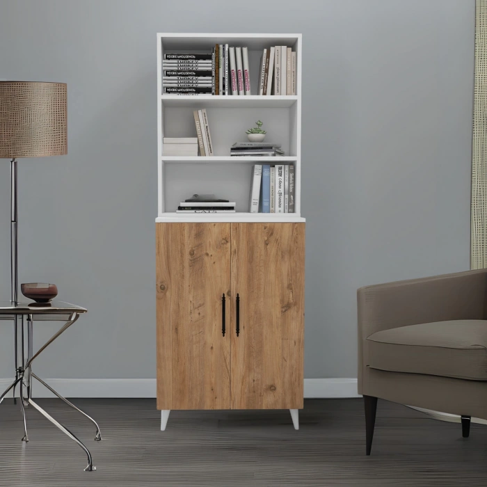 Alara 2 Kapaklı 6 Raflı Kitaplık Salon Ofis Ders Çalışma Çocuk Odası Çok Amaçlı Dolap Beyaz-Çam