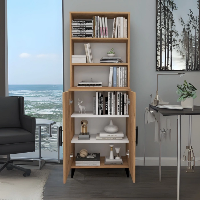 Alara 2 Kapaklı 6 Raflı Kitaplık Salon Ofis Ders Çalışma Çocuk Odası Çok Amaçlı Dolap - Çam