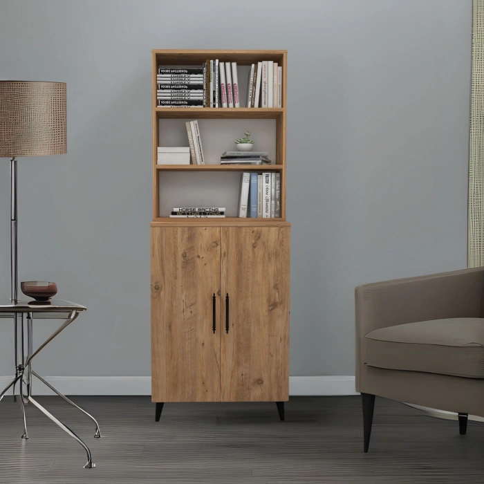 Alara 2 Kapaklı 6 Raflı Kitaplık Salon Ofis Ders Çalışma Çocuk Odası Çok Amaçlı Dolap - Çam