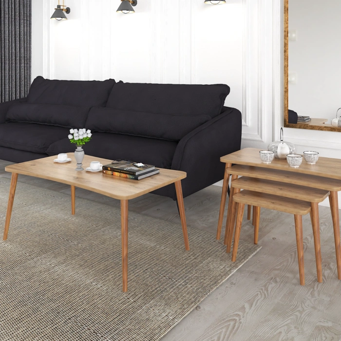 Aleyna 5li Orta Sehpa Ve Zigon Sehpa Ahşap Ayaklı Çay Kahve Sehpası Xl Salon Seti – Çam
