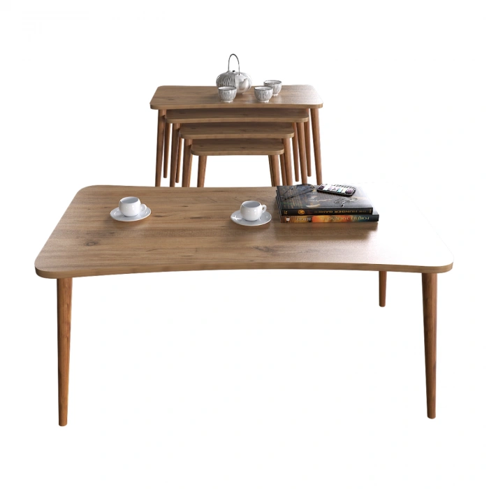 Aleyna 5li Orta Sehpa Ve Zigon Sehpa Ahşap Ayaklı Çay Kahve Sehpası Xl Salon Seti – Çam