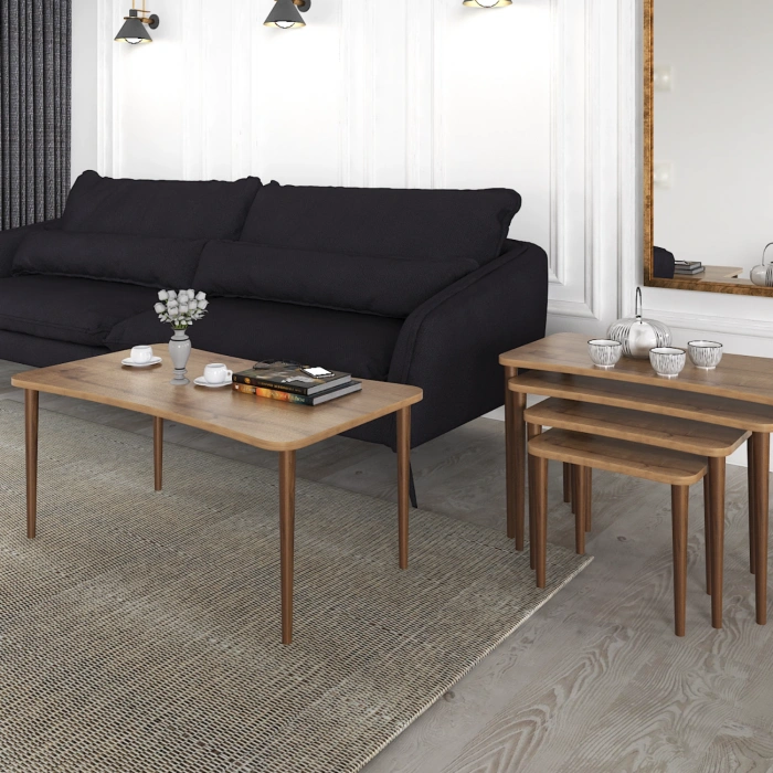 Aleyna 5li Orta Sehpa Ve Zigon Sehpa Ahşap Ayaklı Çay Kahve Sehpası Xl Salon Seti – Ceviz