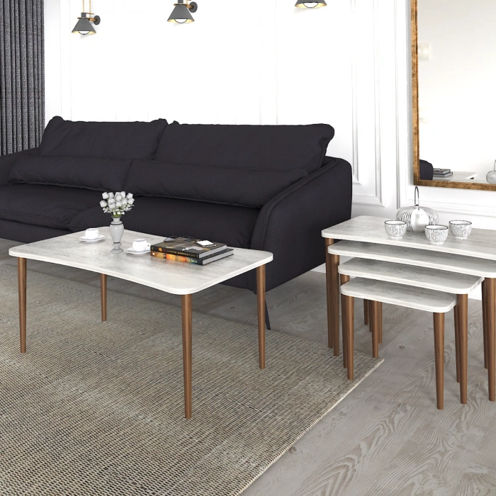 Aleyna 5li Orta Sehpa Ve Zigon Sehpa Ahşap Ayaklı Çay Kahve Sehpası Xl Salon Seti – Kristal