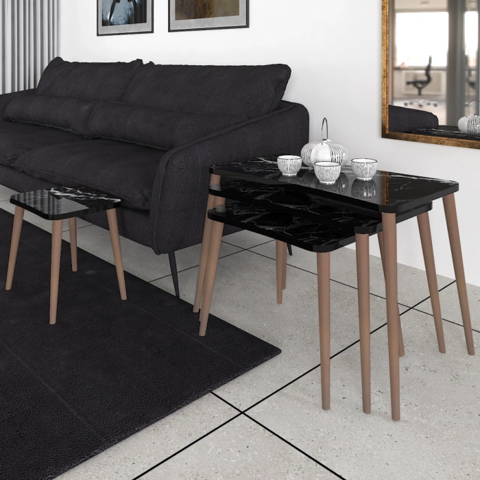 Aleyna 5li Orta Sehpa Ve Zigon Sehpa Ahşap Ayaklı Çay Kahve Sehpası Xl Salon Seti – Siyah Mermer