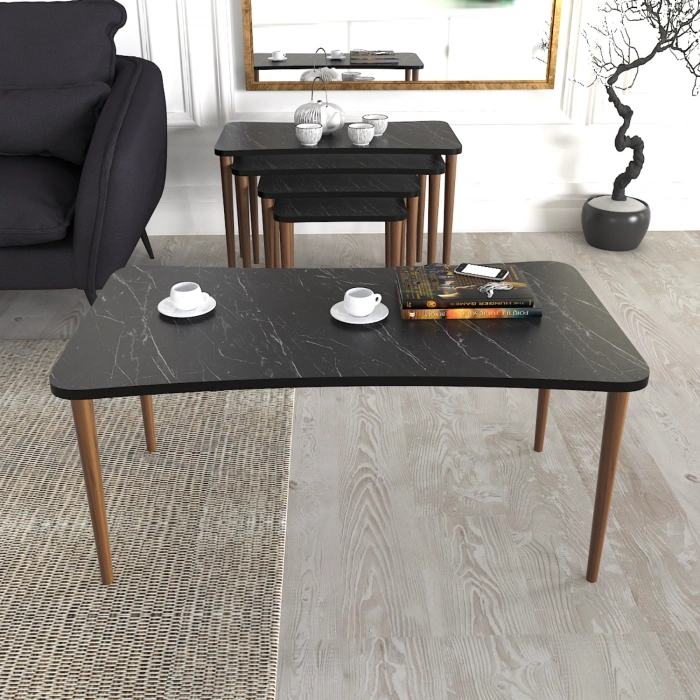 Aleyna 5li Orta Sehpa Ve Zigon Sehpa Ahşap Ayaklı Çay Kahve Sehpası Xl Salon Seti – Siyah Mermer