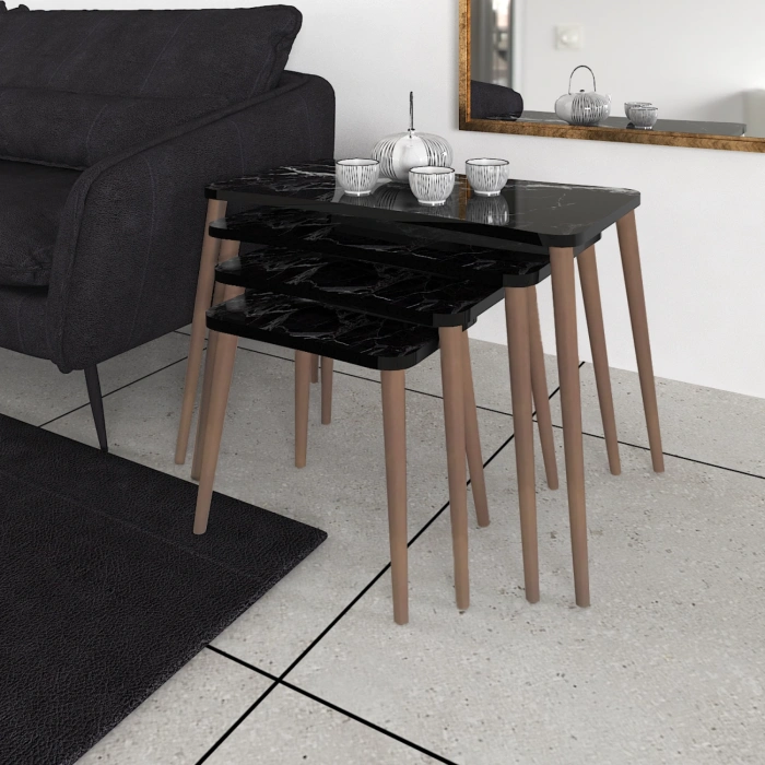 Aleyna 5li Orta Sehpa Ve Zigon Sehpa Ahşap Ayaklı Çay Kahve Sehpası Xl Salon Seti – Siyah Mermer