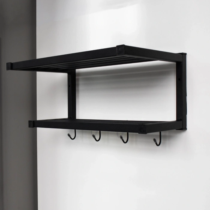 Berrak Paslanmaz Çelik Banyo Havlu Askısı Rafı Lavabo 2 Katlı Kancalı Çok Amaçlı Raf - Mat Siyah