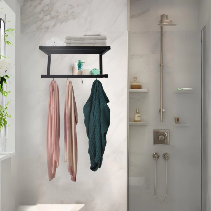 Berrak Paslanmaz Çelik Banyo Havlu Askısı Rafı Lavabo 2 Katlı Kancalı Çok Amaçlı Raf - Mat Siyah