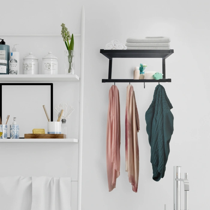 Berrak Paslanmaz Çelik Banyo Havlu Askısı Rafı Lavabo 2 Katlı Kancalı Çok Amaçlı Raf - Mat Siyah