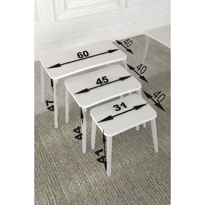 Beyza 3lü Zigon Sehpa & Yan Sehpa Beyaz Ahşap Ayaklı Salon Seti Çay Sehpası Beyaz Mermer