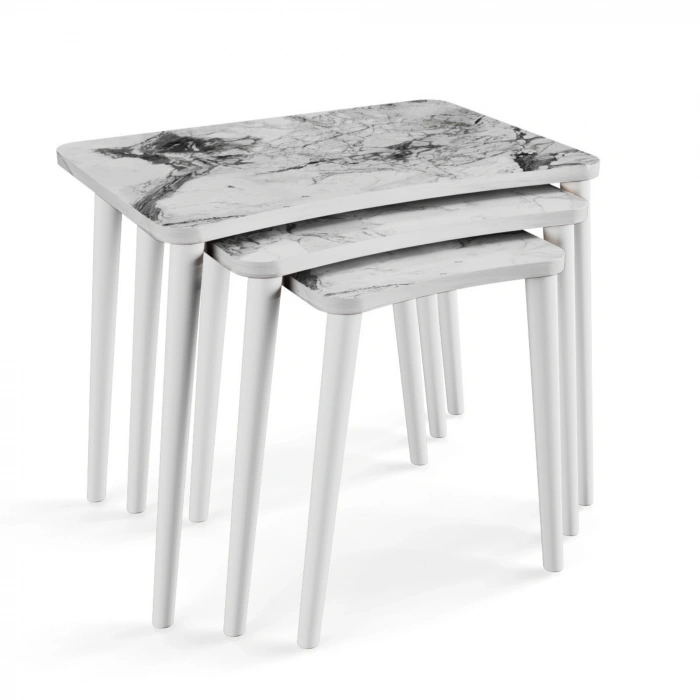 Beyza 3lü Zigon Sehpa & Yan Sehpa Beyaz Ahşap Ayaklı Salon Seti Çay Sehpası Beyaz Mermer
