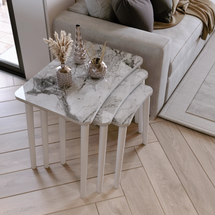 Beyza 3lü Zigon Sehpa & Yan Sehpa Beyaz Ahşap Ayaklı Salon Seti Çay Sehpası Beyaz Mermer