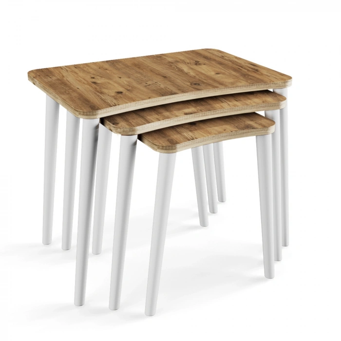 Beyza 3lü Zigon Sehpa & Yan Sehpa Beyaz Ahşap Ayaklı Salon Seti Çay Sehpası - Çam