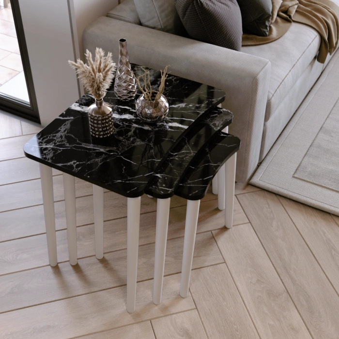 Beyza 3lü Zigon Sehpa & Yan Sehpa Beyaz Ahşap Ayaklı Salon Seti Çay Sehpası - Siyah Mermer