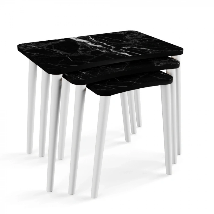 Beyza 3lü Zigon Sehpa & Yan Sehpa Beyaz Ahşap Ayaklı Salon Seti Çay Sehpası - Siyah Mermer