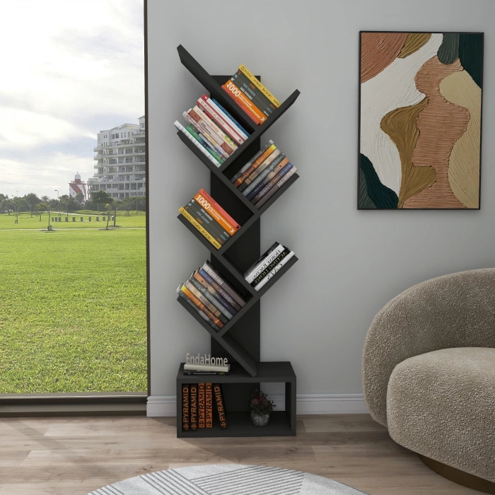 Carina 8 Raflı Bölmeli Dekoratif ZikZak Kitaplık Ofis Kitaplığı Dolap Evrak Rafı Ev Rafı Antrasit