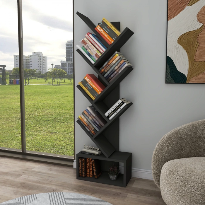 Carina 8 Raflı Bölmeli Dekoratif ZikZak Kitaplık Ofis Kitaplığı Dolap Evrak Rafı Ev Rafı Antrasit