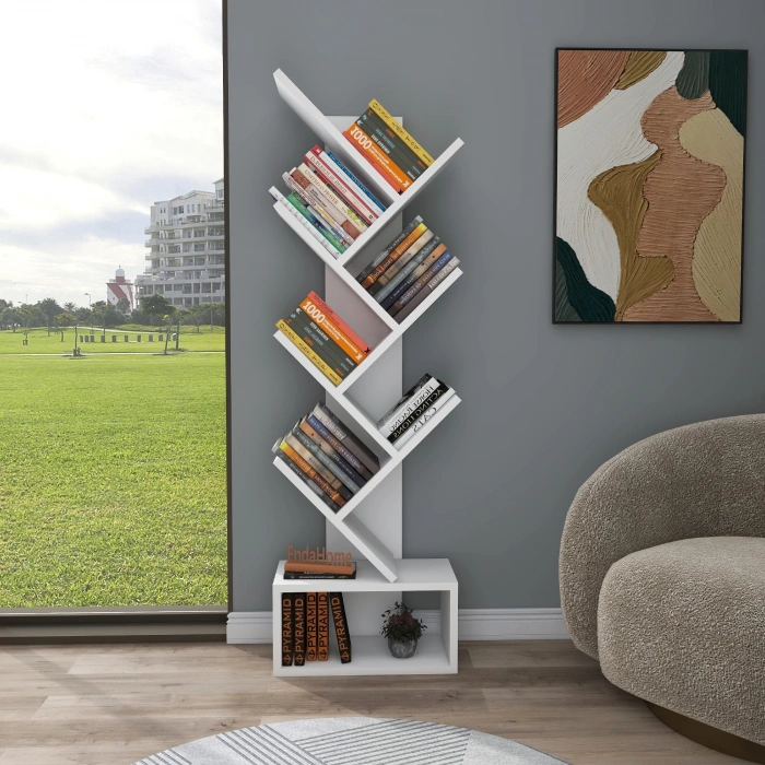 Carina 8 Raflı Bölmeli Dekoratif ZikZak Kitaplık Ofis Kitaplığı Dolap Evrak Rafı Ev Rafı - Beyaz