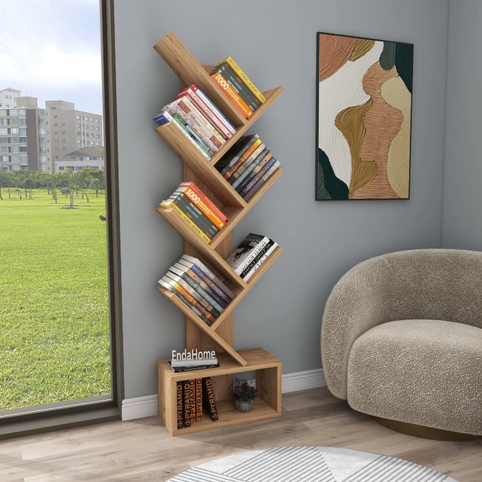 Carina 8 Raflı Bölmeli Dekoratif ZikZak Kitaplık Ofis Kitaplığı Dolap Evrak Rafı Ev Rafı Çam