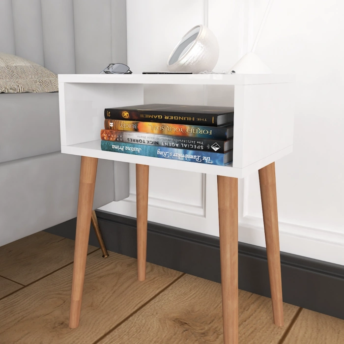 Ceren Komodin Çekmecesiz Ahşap Ayaklı Yatak Odası Başucu Komodin – Beyaz