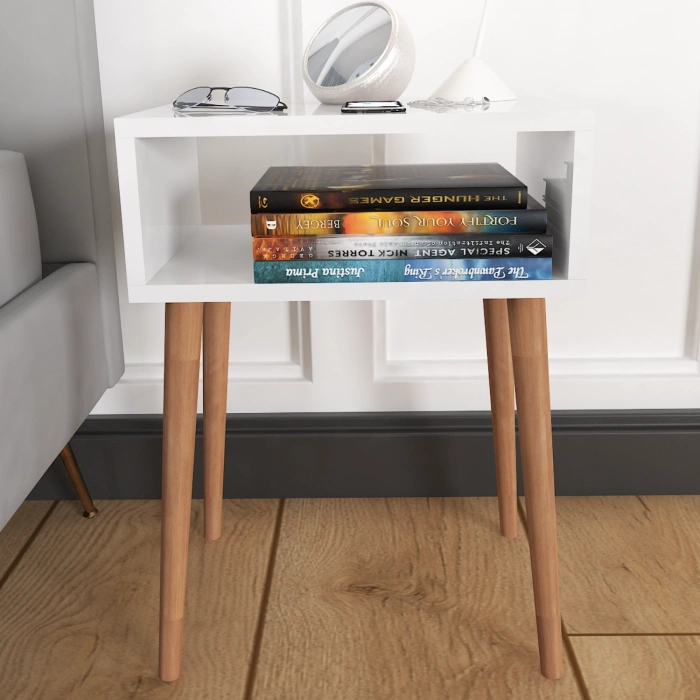 Ceren Komodin Çekmecesiz Ahşap Ayaklı Yatak Odası Başucu Komodin – Beyaz