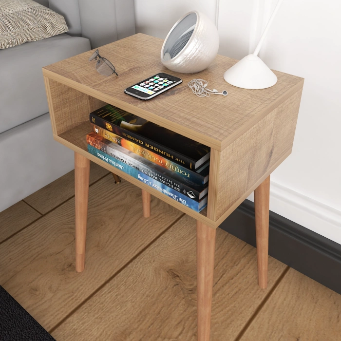 Ceren Komodin Çekmecesiz Ahşap Ayaklı Yatak Odası Başucu Komodin – Ceviz