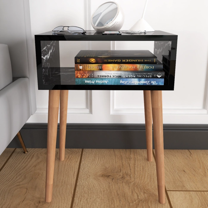 Ceren Komodin Çekmecesiz Ahşap Ayaklı Yatak Odası Başucu Komodin Siyah Mermer