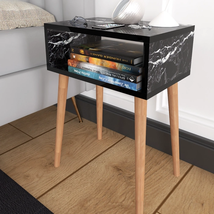 Ceren Komodin Çekmecesiz Ahşap Ayaklı Yatak Odası Başucu Komodin Siyah Mermer