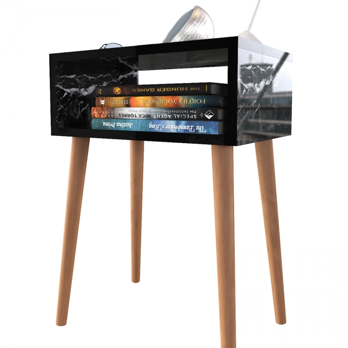 Ceren Komodin Çekmecesiz Ahşap Ayaklı Yatak Odası Başucu Komodin Siyah Mermer