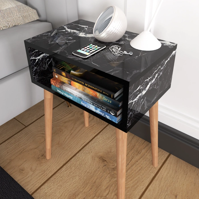 Ceren Komodin Çekmecesiz Ahşap Ayaklı Yatak Odası Başucu Komodin Siyah Mermer