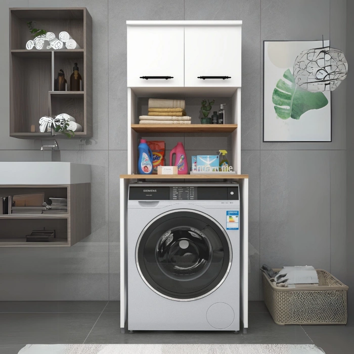 Dragon Çamaşır Makinesi Dolabı Kurutma Makinesi 3 Raflı 2 Kapaklı Banyo Dolabı Beyaz-Çam