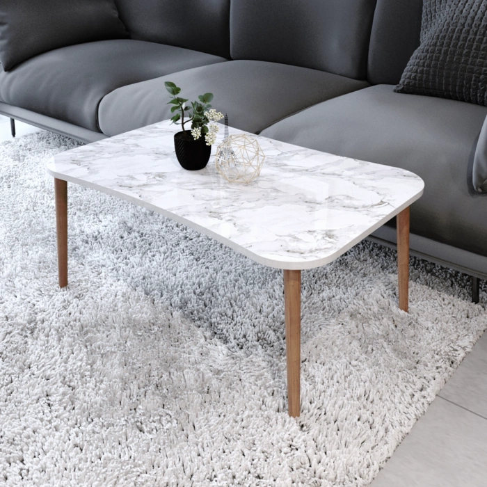 Esma Orta Sehpa Ahşap Ayaklı Sehpa - Beyaz Mermer Desenli