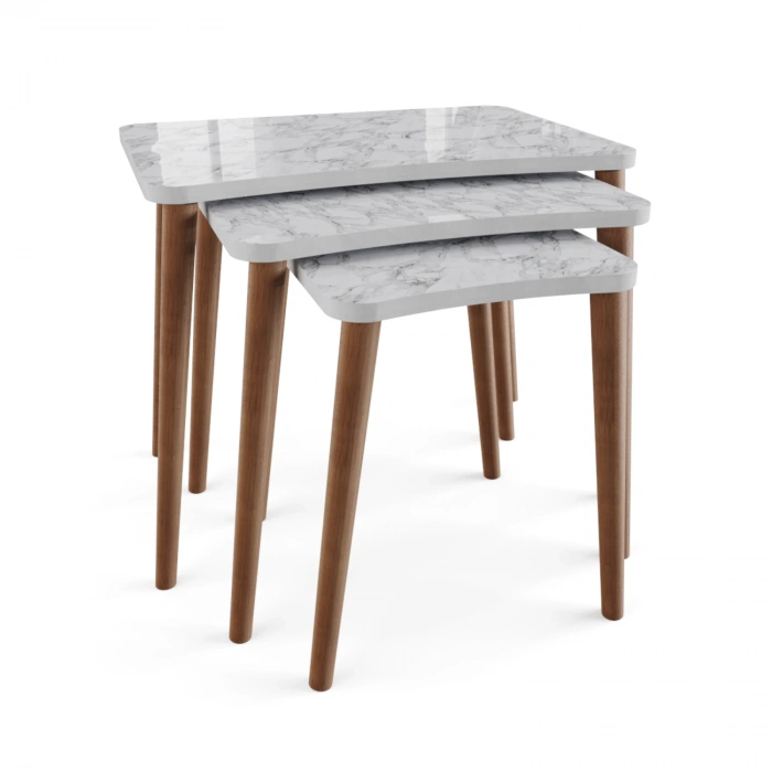 Esma Orta Sehpa Ve Zigon Sehpa 4lü Ahşap Ayaklı Salon Seti Sehpa Beyaz Mermer Desenli