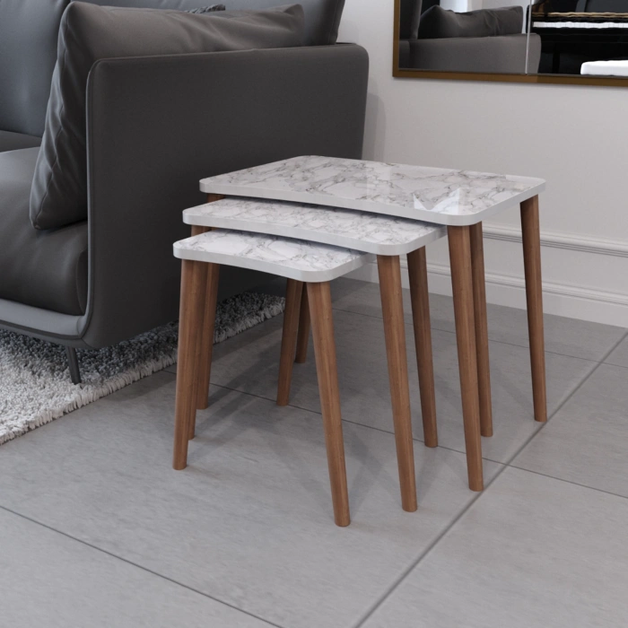 Esma Orta Sehpa Ve Zigon Sehpa 4lü Ahşap Ayaklı Salon Seti Sehpa Beyaz Mermer Desenli