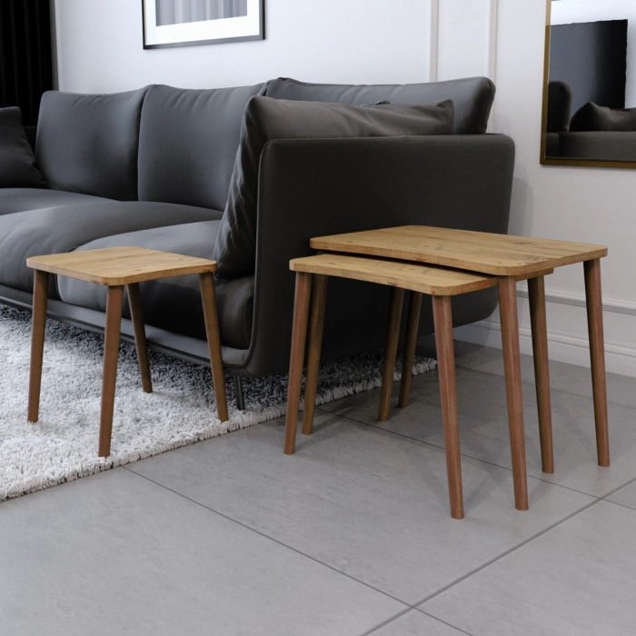 Esma Orta Sehpa Ve Zigon Sehpa 4lü Ahşap Ayaklı Salon Seti Sehpa - Çam