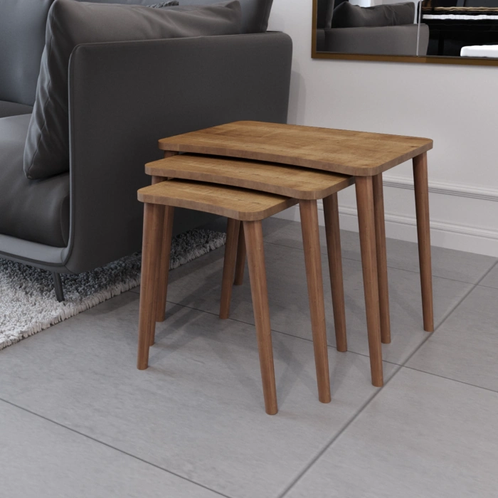 Esma Orta Sehpa Ve Zigon Sehpa 4lü Ahşap Ayaklı Salon Seti Sehpa - Ceviz