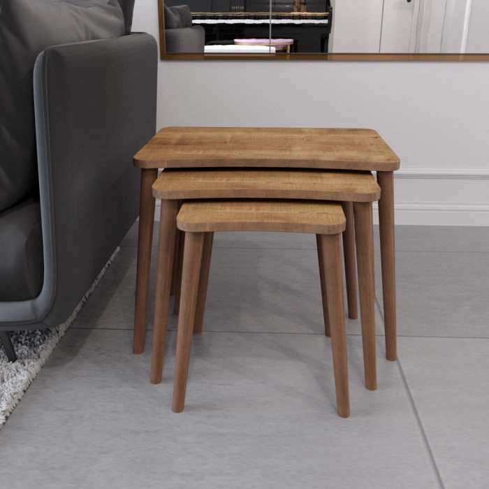 Esma Orta Sehpa Ve Zigon Sehpa 4lü Ahşap Ayaklı Salon Seti Sehpa - Ceviz