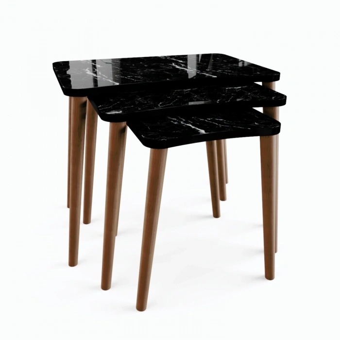 Esma Orta Sehpa Ve Zigon Sehpa 4lü Ahşap Ayaklı Salon Seti Sehpa - Siyah Mermer Desenli