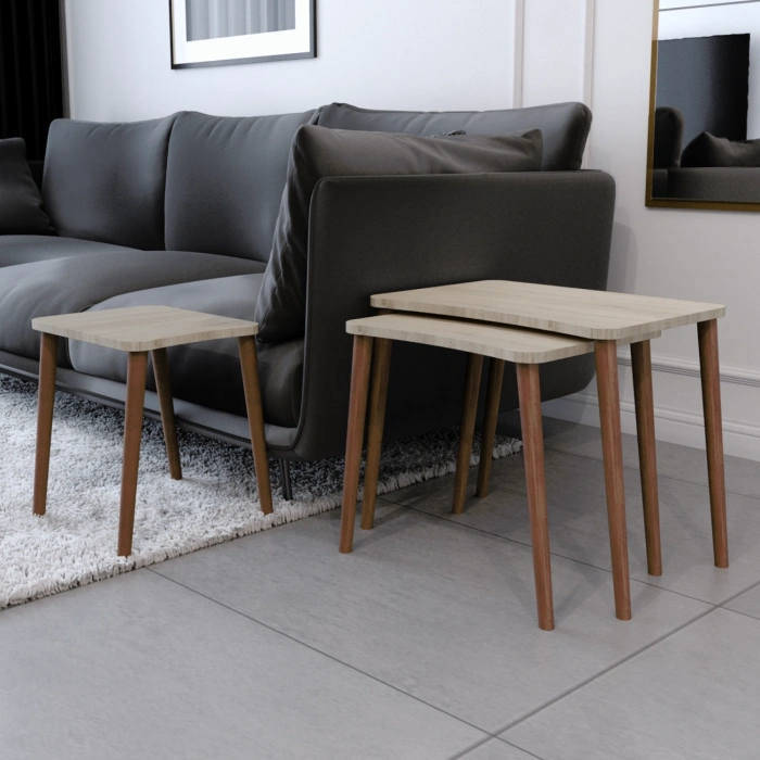 Esma Orta Sehpa Ve Zigon Sehpa 4lü Ahşap Ayaklı Salon Seti Sehpa - Sonomo