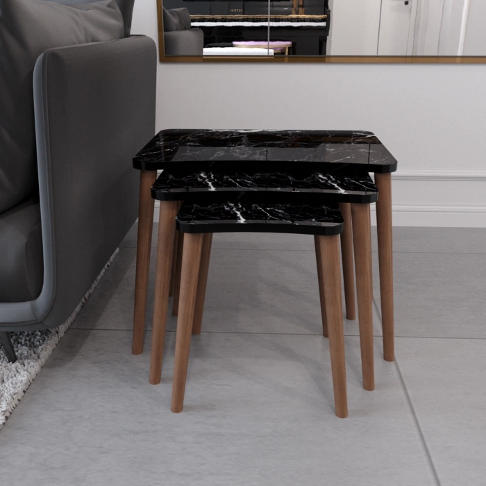 Esma Zigon Sehpa & Yan Sehpa 3lü Ahşap Ayaklı Salon Seti Sehpa - Siyah Mermer Desenli