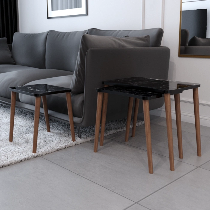 Esma Zigon Sehpa & Yan Sehpa 3lü Ahşap Ayaklı Salon Seti Sehpa - Siyah Mermer Desenli