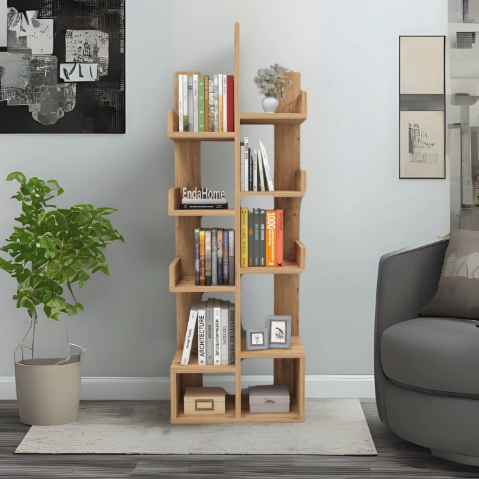 Gemini 10 Bölmeli Raflı Dekoratif Kitaplık Ofis Kitaplığı Dolap Evrak Rafı Ev Ofis Rafı Çam