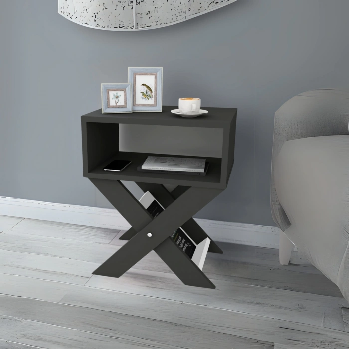 Lepus X Ayaklı Komodin & Şifonyer Çekmecesiz Raflı Yatak Odası Başucu Düzenleyici Antrasit