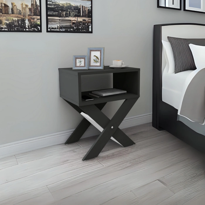 Lepus X Ayaklı Komodin & Şifonyer Çekmecesiz Raflı Yatak Odası Başucu Düzenleyici Antrasit