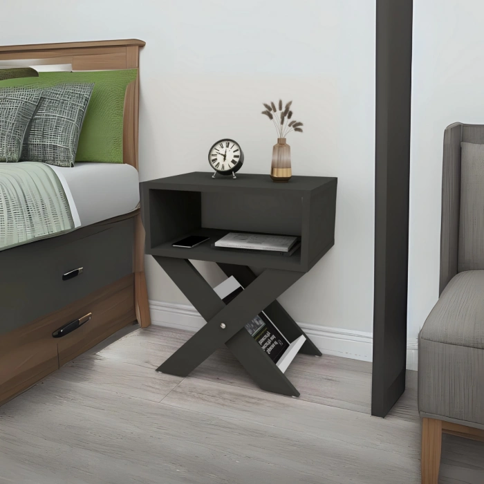 Lepus X Ayaklı Komodin & Şifonyer Çekmecesiz Raflı Yatak Odası Başucu Düzenleyici Antrasit